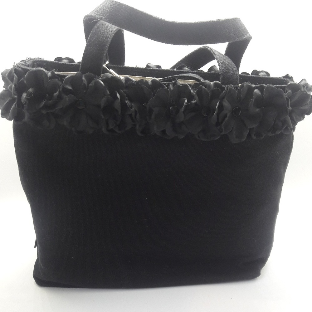 Black fabric handbag with Floral Trim